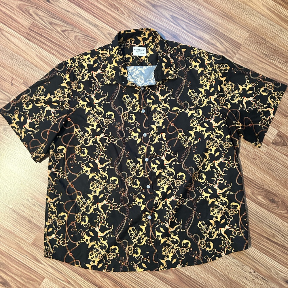 SHEIN Versace Black and Gold Patterned Men's Shirt